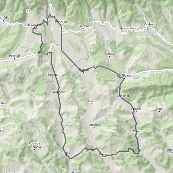 Map miniature of "Baia de Fier to Milostea Loop" cycling inspiration in Sud-Vest Oltenia, Romania. Generated by Tarmacs.app cycling route planner