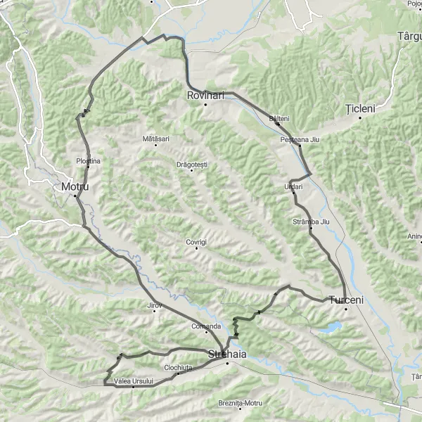 Map miniature of "Borăscu Adventure" cycling inspiration in Sud-Vest Oltenia, Romania. Generated by Tarmacs.app cycling route planner