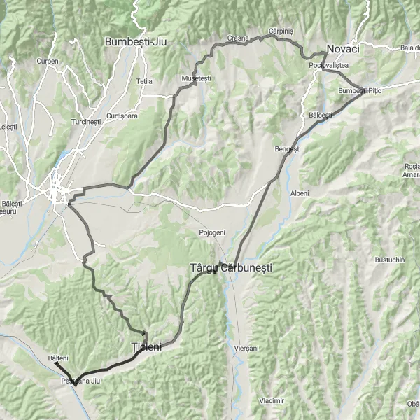 Map miniature of "Peșteana Jiu Loop Road Cycling Route" cycling inspiration in Sud-Vest Oltenia, Romania. Generated by Tarmacs.app cycling route planner