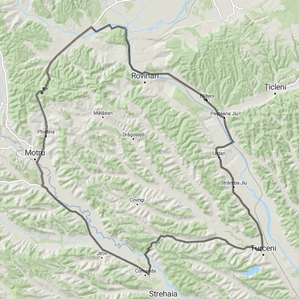 Map miniature of "Roșiuța Loop" cycling inspiration in Sud-Vest Oltenia, Romania. Generated by Tarmacs.app cycling route planner