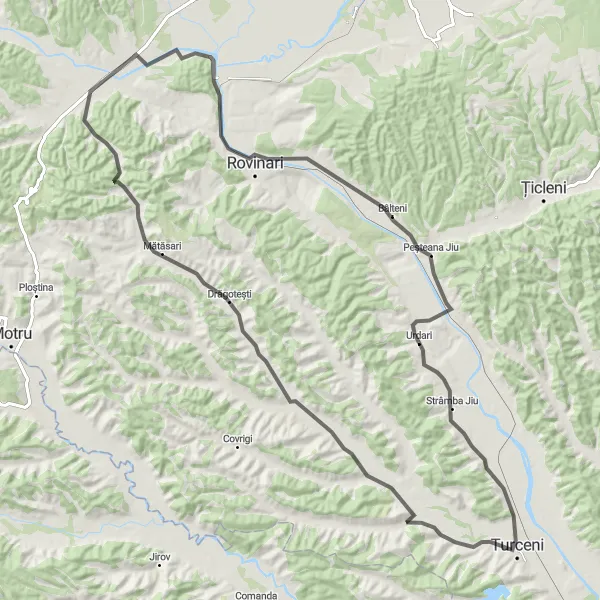 Map miniature of "Câlnic and Calapăru Scenic Road Ride" cycling inspiration in Sud-Vest Oltenia, Romania. Generated by Tarmacs.app cycling route planner