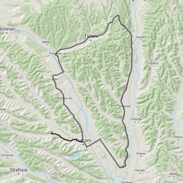 Map miniature of "Cycling through Capu Dealului and Borăscu" cycling inspiration in Sud-Vest Oltenia, Romania. Generated by Tarmacs.app cycling route planner