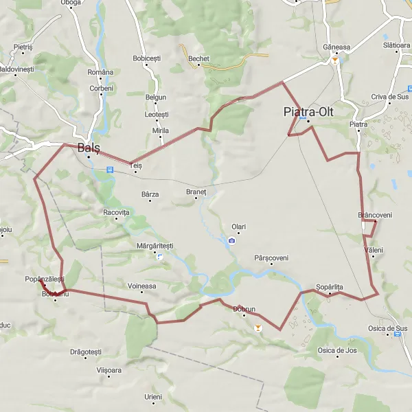 Map miniature of "Popânzălești Adventure" cycling inspiration in Sud-Vest Oltenia, Romania. Generated by Tarmacs.app cycling route planner