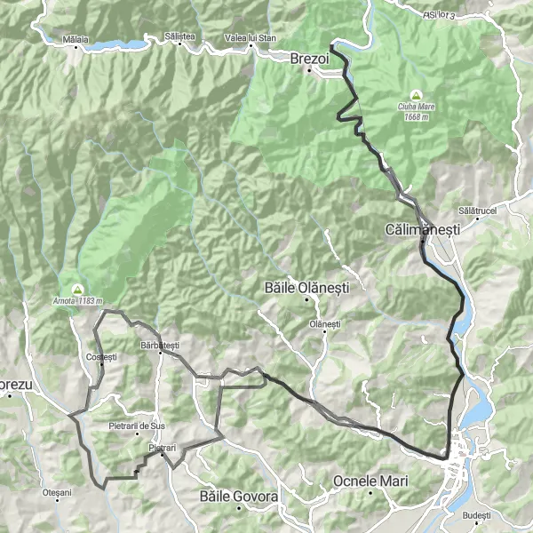 Map miniature of "Mountainous Road Challenge" cycling inspiration in Sud-Vest Oltenia, Romania. Generated by Tarmacs.app cycling route planner