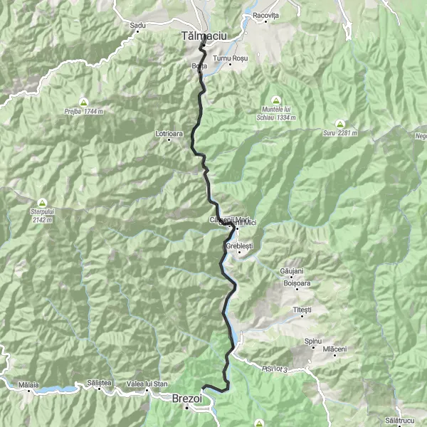 Map miniature of "Scenic Road Adventure" cycling inspiration in Sud-Vest Oltenia, Romania. Generated by Tarmacs.app cycling route planner