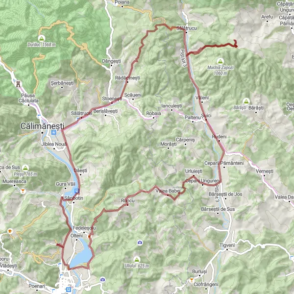 Map miniature of "Bujoreni Gravel Loop Tour" cycling inspiration in Sud-Vest Oltenia, Romania. Generated by Tarmacs.app cycling route planner