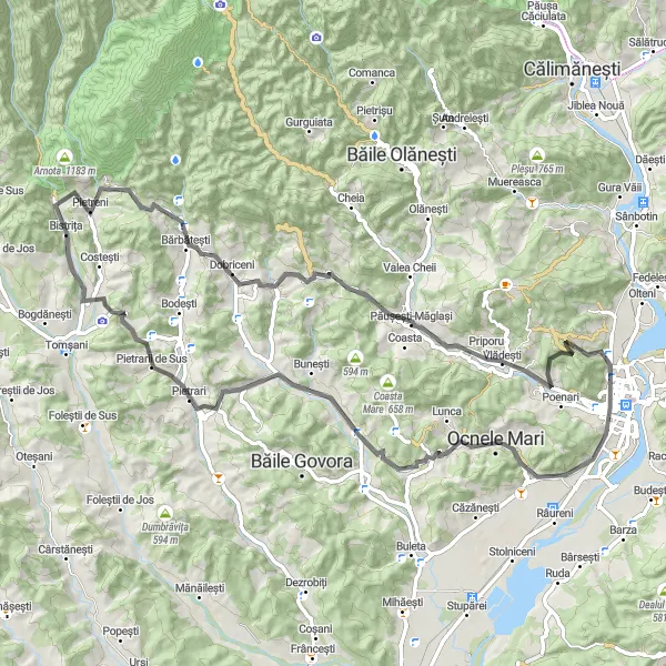 Map miniature of "The Scenic Beauty of Sud-Vest Oltenia" cycling inspiration in Sud-Vest Oltenia, Romania. Generated by Tarmacs.app cycling route planner