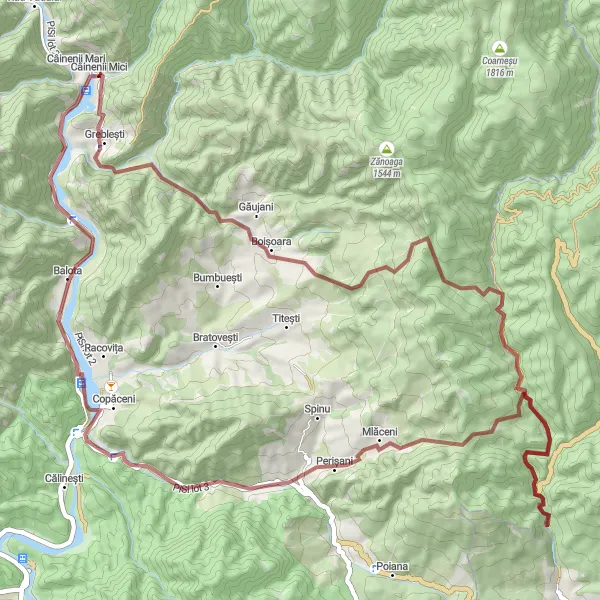 Map miniature of "Adventure through Greblesti" cycling inspiration in Sud-Vest Oltenia, Romania. Generated by Tarmacs.app cycling route planner