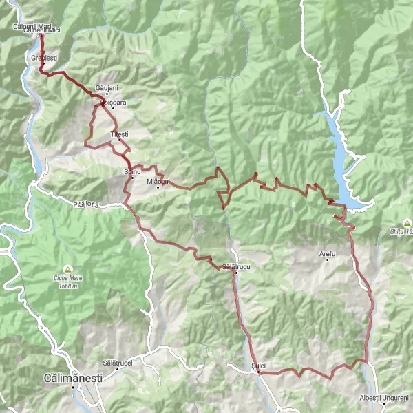 Map miniature of "Gravel Cycling Adventure in Sud-Vest Oltenia" cycling inspiration in Sud-Vest Oltenia, Romania. Generated by Tarmacs.app cycling route planner