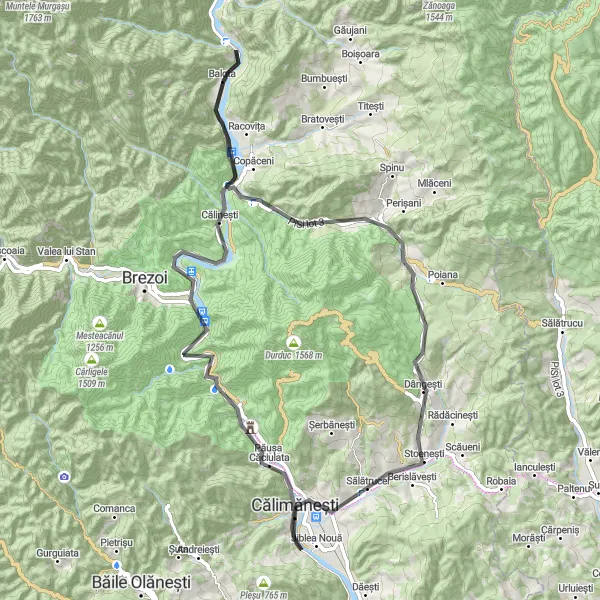 Map miniature of "Scenic Road Loop near Călimăneşti" cycling inspiration in Sud-Vest Oltenia, Romania. Generated by Tarmacs.app cycling route planner