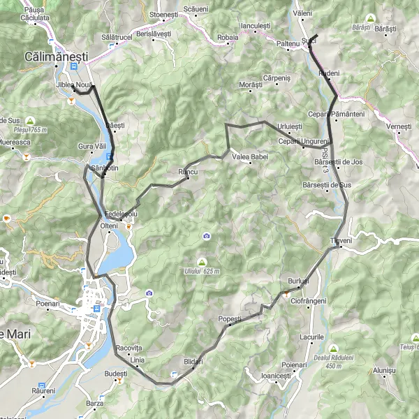 Map miniature of "Bujoreni Road Loop" cycling inspiration in Sud-Vest Oltenia, Romania. Generated by Tarmacs.app cycling route planner