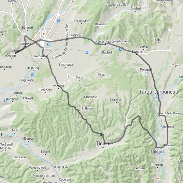 Map miniature of "Pișteștii din Deal Experience" cycling inspiration in Sud-Vest Oltenia, Romania. Generated by Tarmacs.app cycling route planner