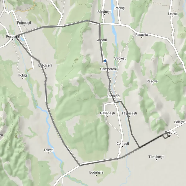 Map miniature of "Ceauru Cycling Route" cycling inspiration in Sud-Vest Oltenia, Romania. Generated by Tarmacs.app cycling route planner