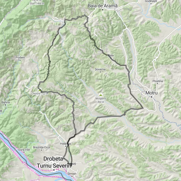 Map miniature of "Exploring Vînători Route: Scenic Road Cycling Experience" cycling inspiration in Sud-Vest Oltenia, Romania. Generated by Tarmacs.app cycling route planner