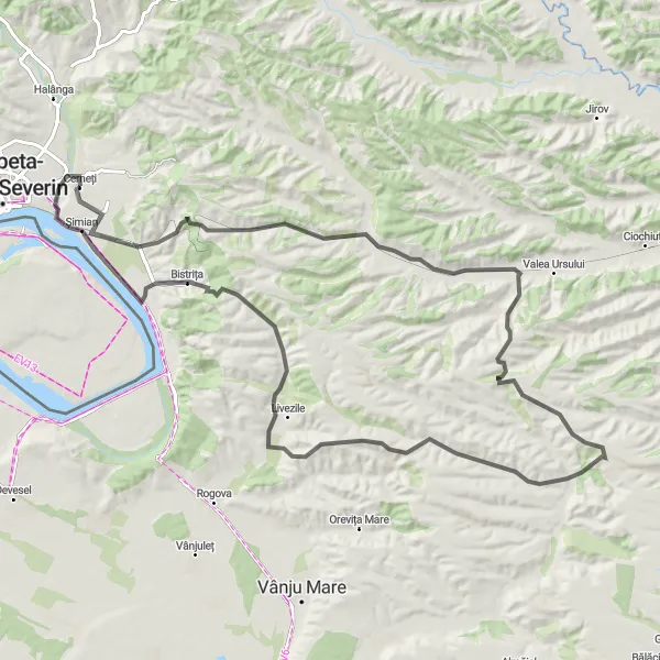 Map miniature of "Cerneți Road Adventure" cycling inspiration in Sud-Vest Oltenia, Romania. Generated by Tarmacs.app cycling route planner