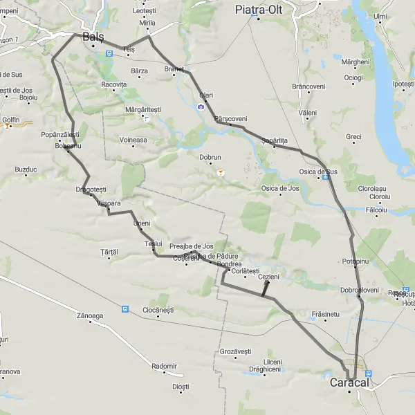 Map miniature of "Balș and Beyond" cycling inspiration in Sud-Vest Oltenia, Romania. Generated by Tarmacs.app cycling route planner