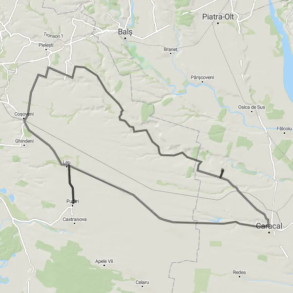 Map miniature of "The Caracal Circuit" cycling inspiration in Sud-Vest Oltenia, Romania. Generated by Tarmacs.app cycling route planner