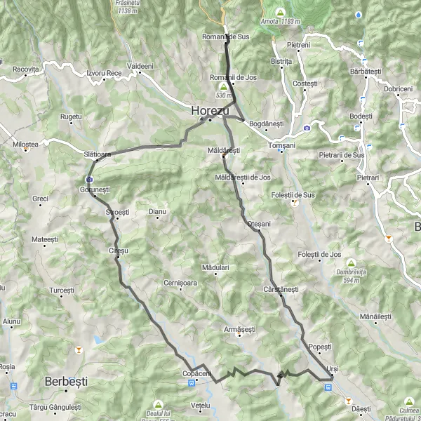 Map miniature of "Romanian Pyramids and Hillside Villages" cycling inspiration in Sud-Vest Oltenia, Romania. Generated by Tarmacs.app cycling route planner