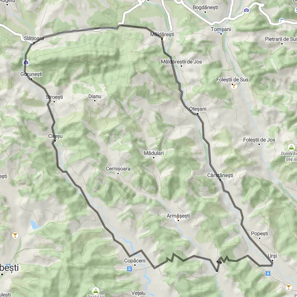 Map miniature of "Slatioara's Pyramids and Countryside Charm" cycling inspiration in Sud-Vest Oltenia, Romania. Generated by Tarmacs.app cycling route planner