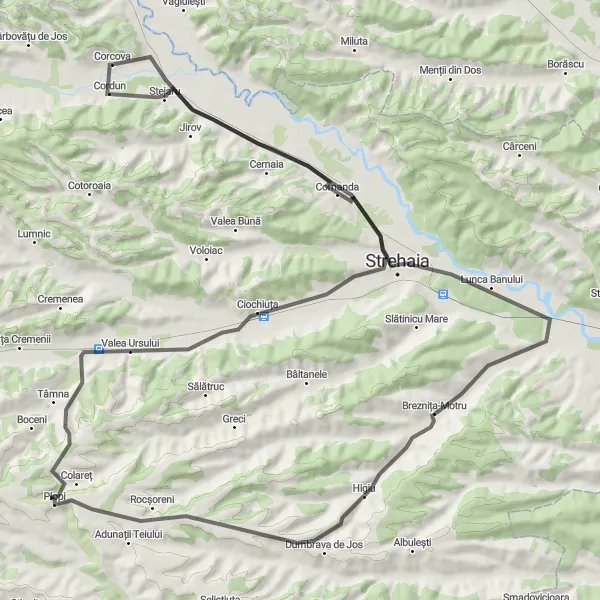 Map miniature of "The Strehaia Circuit" cycling inspiration in Sud-Vest Oltenia, Romania. Generated by Tarmacs.app cycling route planner