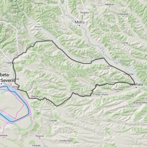 Map miniature of "The Serene Suculeț Route" cycling inspiration in Sud-Vest Oltenia, Romania. Generated by Tarmacs.app cycling route planner