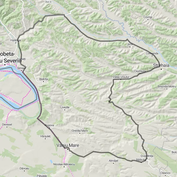 Map miniature of "Beauty of Valea Ursului" cycling inspiration in Sud-Vest Oltenia, Romania. Generated by Tarmacs.app cycling route planner