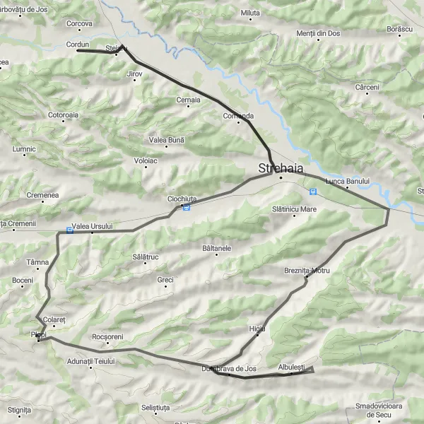 Map miniature of "The Strehaia and Comanda Ride" cycling inspiration in Sud-Vest Oltenia, Romania. Generated by Tarmacs.app cycling route planner