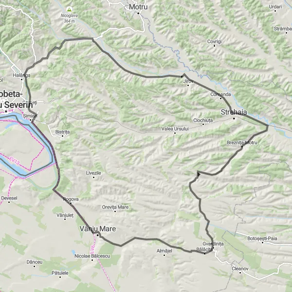 Map miniature of "A Journey to Cocorova" cycling inspiration in Sud-Vest Oltenia, Romania. Generated by Tarmacs.app cycling route planner