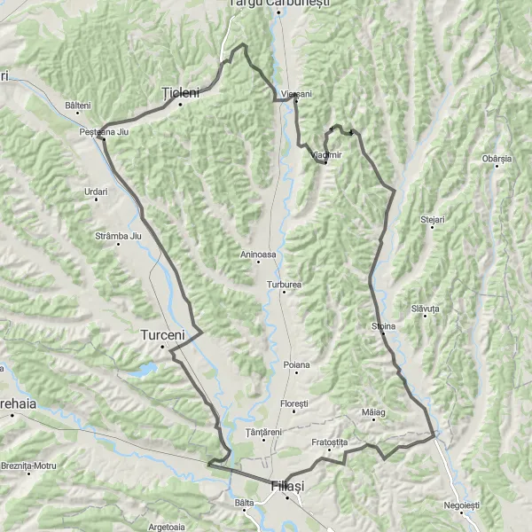 Map miniature of "Ticleni Circuit" cycling inspiration in Sud-Vest Oltenia, Romania. Generated by Tarmacs.app cycling route planner