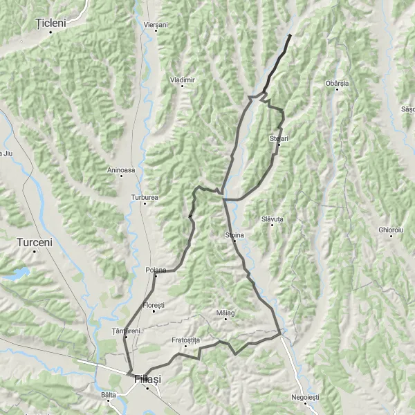 Map miniature of "Filiaşi Hill Challenge" cycling inspiration in Sud-Vest Oltenia, Romania. Generated by Tarmacs.app cycling route planner