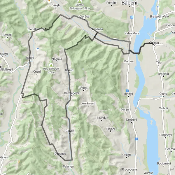 Map miniature of "The Glăvile Adventure" cycling inspiration in Sud-Vest Oltenia, Romania. Generated by Tarmacs.app cycling route planner