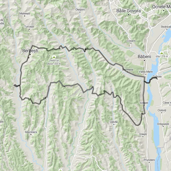 Map miniature of "Târgu Gângulești Challenge" cycling inspiration in Sud-Vest Oltenia, Romania. Generated by Tarmacs.app cycling route planner