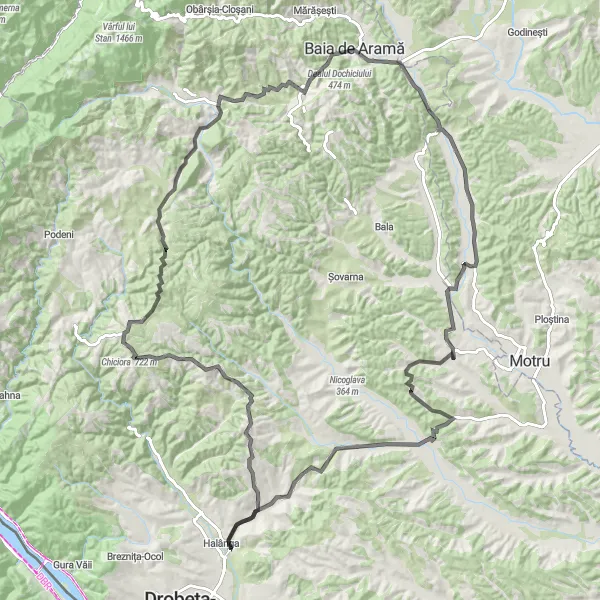 Map miniature of "Oltenian Charm" cycling inspiration in Sud-Vest Oltenia, Romania. Generated by Tarmacs.app cycling route planner