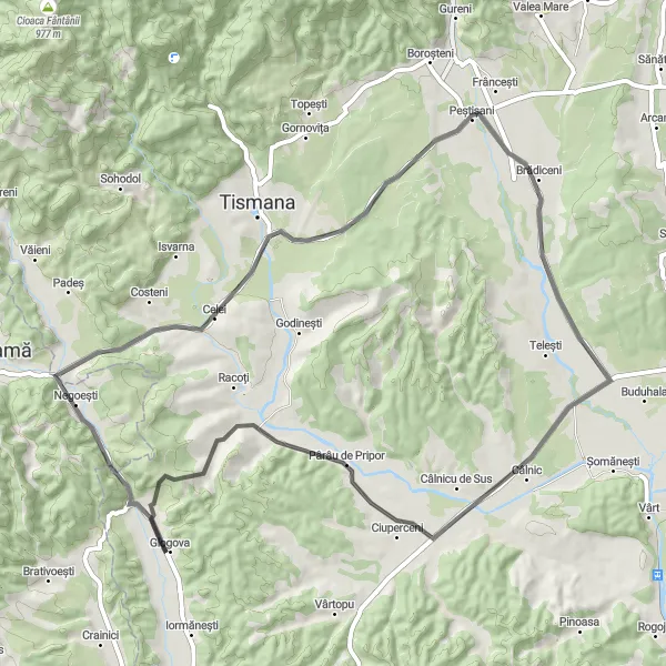 Map miniature of "Apa Neagră Loop" cycling inspiration in Sud-Vest Oltenia, Romania. Generated by Tarmacs.app cycling route planner