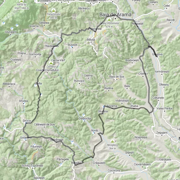 Map miniature of "Glogova Loop" cycling inspiration in Sud-Vest Oltenia, Romania. Generated by Tarmacs.app cycling route planner