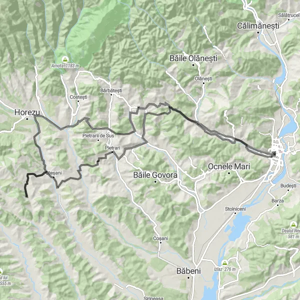 Map miniature of "Goranu to Râmnicu Vâlcea Mountain Challenge" cycling inspiration in Sud-Vest Oltenia, Romania. Generated by Tarmacs.app cycling route planner