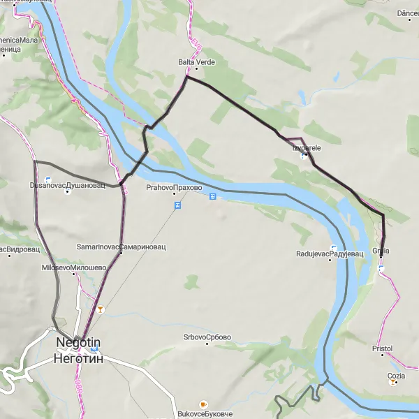 Map miniature of "The Balta Verde Road" cycling inspiration in Sud-Vest Oltenia, Romania. Generated by Tarmacs.app cycling route planner