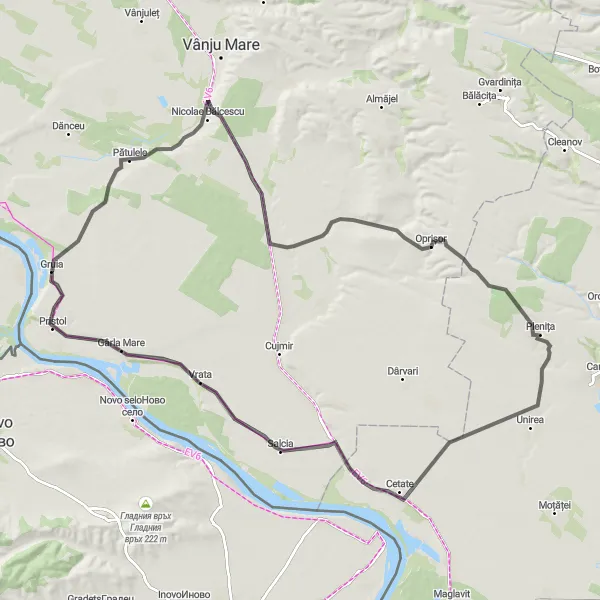 Map miniature of "The Pătulele Road" cycling inspiration in Sud-Vest Oltenia, Romania. Generated by Tarmacs.app cycling route planner