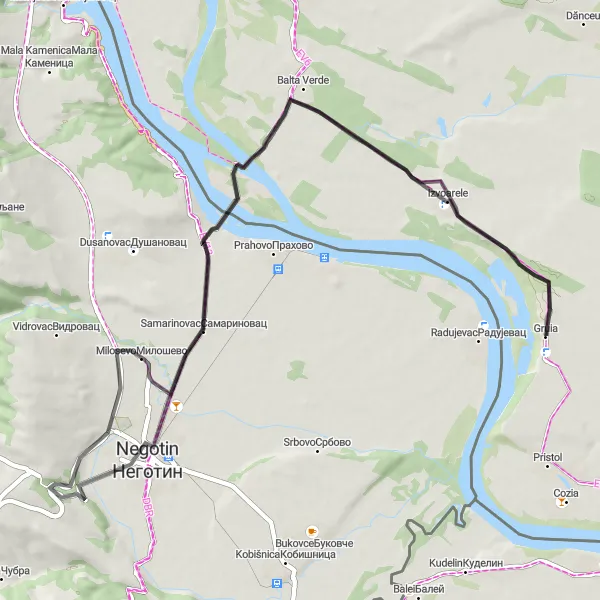 Map miniature of "The Milosevo Road" cycling inspiration in Sud-Vest Oltenia, Romania. Generated by Tarmacs.app cycling route planner