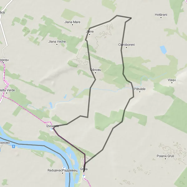 Map miniature of "The hills of Izvoarele" cycling inspiration in Sud-Vest Oltenia, Romania. Generated by Tarmacs.app cycling route planner