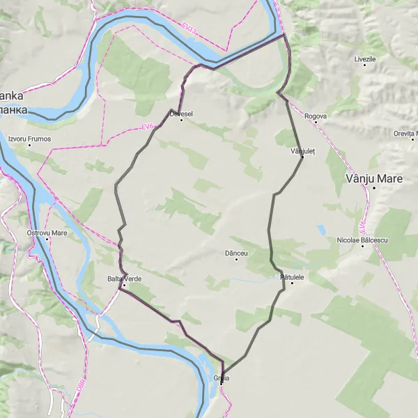 Map miniature of "Gruia to Cioroboreni Loop" cycling inspiration in Sud-Vest Oltenia, Romania. Generated by Tarmacs.app cycling route planner