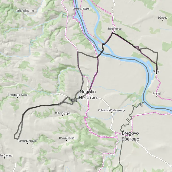 Map miniature of "Gruia to Negotin Loop" cycling inspiration in Sud-Vest Oltenia, Romania. Generated by Tarmacs.app cycling route planner