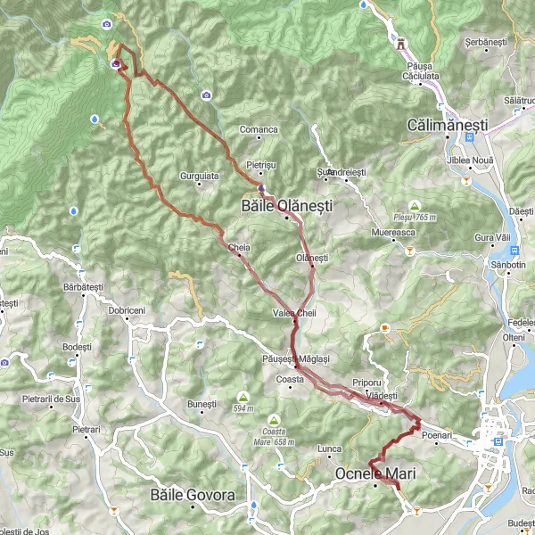 Map miniature of "Gravel Adventure in the Heart of Oltenia" cycling inspiration in Sud-Vest Oltenia, Romania. Generated by Tarmacs.app cycling route planner