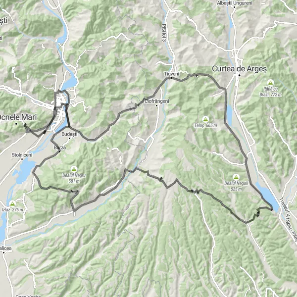 Map miniature of "The Legendary Valleys and Peaks" cycling inspiration in Sud-Vest Oltenia, Romania. Generated by Tarmacs.app cycling route planner
