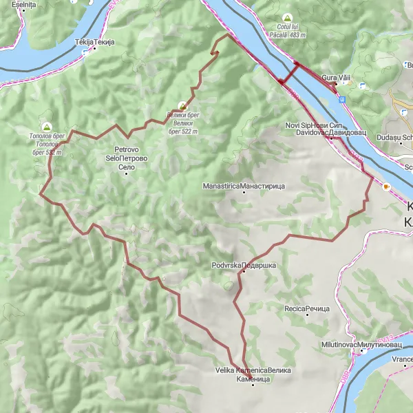 Map miniature of "Cross-Border Trail" cycling inspiration in Sud-Vest Oltenia, Romania. Generated by Tarmacs.app cycling route planner