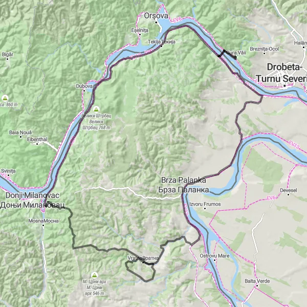 Map miniature of "Cycling through Time: Exploring Sud-Vest Oltenia's Landmarks" cycling inspiration in Sud-Vest Oltenia, Romania. Generated by Tarmacs.app cycling route planner