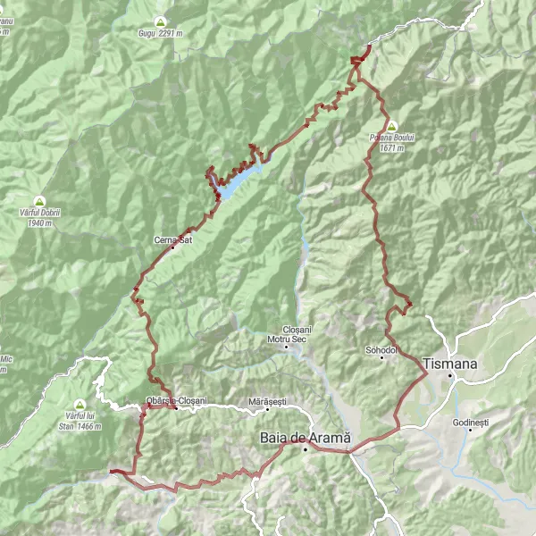 Map miniature of "Isverna to Costeni Gravel Route" cycling inspiration in Sud-Vest Oltenia, Romania. Generated by Tarmacs.app cycling route planner