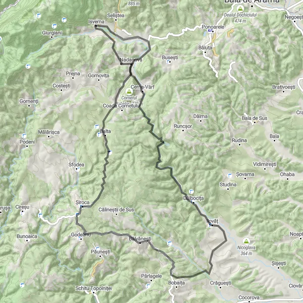 Map miniature of "The Isverna Road Adventure" cycling inspiration in Sud-Vest Oltenia, Romania. Generated by Tarmacs.app cycling route planner