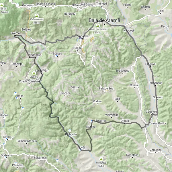 Map miniature of "Brădetului Hill Road Cycling Route" cycling inspiration in Sud-Vest Oltenia, Romania. Generated by Tarmacs.app cycling route planner