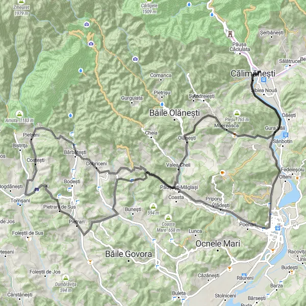 Map miniature of "Calimanesti Loop" cycling inspiration in Sud-Vest Oltenia, Romania. Generated by Tarmacs.app cycling route planner